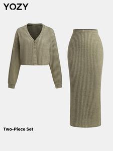 YOZY Women's Solid Ribbed Drop Shoulder Button Front Sweater Cardigan & Skirt Two-piece Set, Casual Fashion Cozy Two Piece Outfits for Daily Outdoor Wear, Women Clothes for Fall & Winter