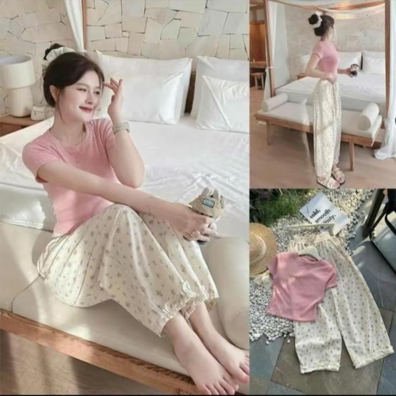  Set Bộ Áo Thun Nữ Ngắn Tay Kèm Quần Đũi Suông Hoa Nhí Thiết Kết Viền Tiểu Thư Xinh Xắn Kem Women Top 