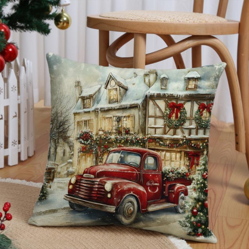 Product Introduction of Christmas Themed Pillow Case, 4 Counts/set Santa Claus & Animal Pattern Cushion Cover without Filler, Square Pillow Cover for Home Decor 2