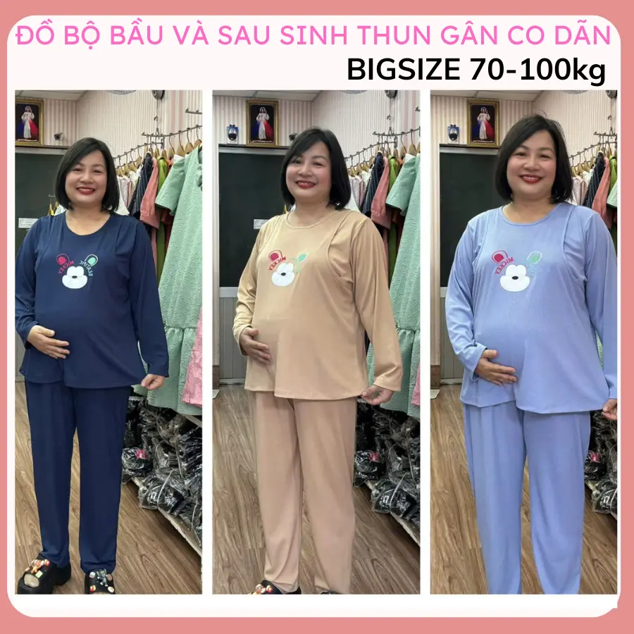 Đồ bộ bầu và sau sinh từ 70kg tới 100kg bigsize nhà HANNA thun gân cotton co dãn thoải mái chưa tính độ dãn vạch cho bé ty tiện lợi
