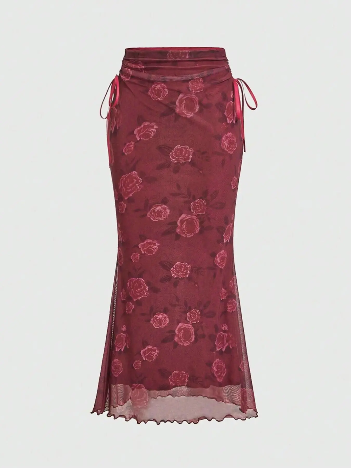 Women's Floral Print Drawstring Tulle Skirt, Elegant Long Skirt for Party Holiday Wedding Guest, Ladies Spring & Fall Clothes