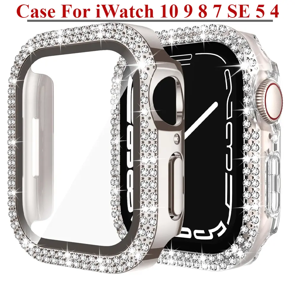 Glass+Cover For Apple watch case 44mm 40mm 42mm 41mm 45mm 38mm 46mm Bling Diamond PC Bumper screen Protector series 10 9 3 5 4 6 7 8 se