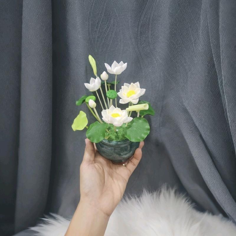 Chậu hoa sen đất sét mini để bàn phật, taplo xe ô tô, trang trí kệ tủ 2