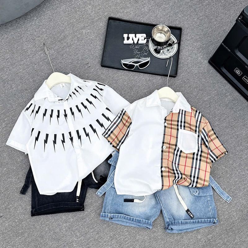 Sét Bộ Áo Sơ Mi Cộc Boy Phố Áo Tay Ngắn Quần Bò - Phong Cách boy phố Cho Bé Trai - Kiểu Dáng hàn quốc Fom Chuẩn - Quần Bò Bé Trai Kích Cỡ Vừa Lớn