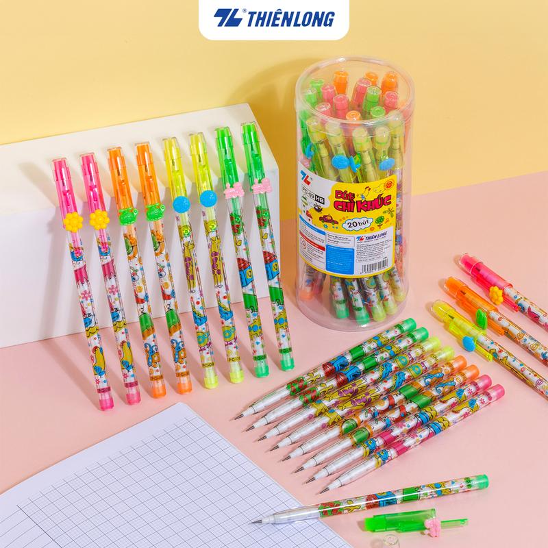 Lon 20 Bút chì khúc Thiên Long - Bút chì thay ngòi màu đậm hoạ tiết dễ thương có gôm trên nắp an toàn sử dụng PC-09