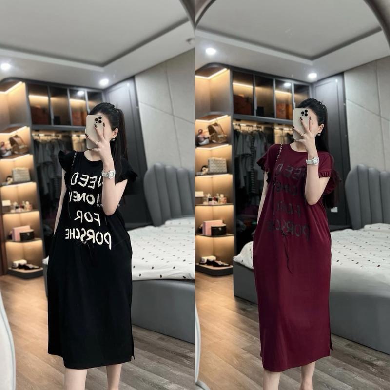 Váy suông cotton dáng dài in chữ thêu nơ freesize bầu bì mặc thoải mái - Nữ, Women