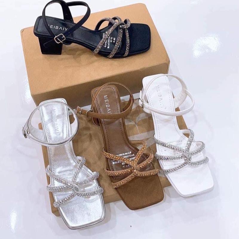 Dép sandan mũi vuông quai đá xoàn xoắn gót cao 5p Nữ DéP GiàY Sandal Shoes Nhung Cao Su Jean