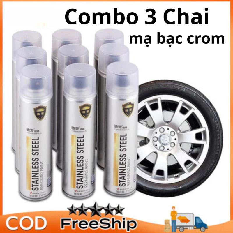 ComBo 3 CHAI Sơn Bạc Mạ Crom Sơn Xịt Mạ Chrome Sáng Bóng 350ml, Sơn Mạ Inox Kẽm - Chai Sơn Mạ Siêu Bóng Cao Cấp Chính Hãng