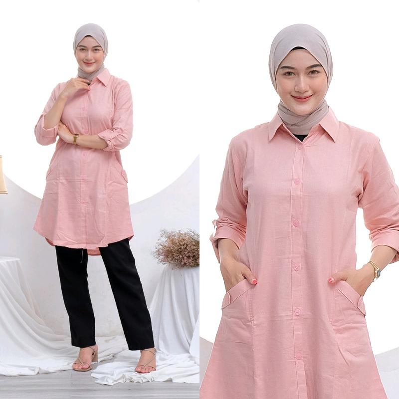 Tuni Polos Katun Linen Adem  Model Kekinian Kancing Nyaman Panjang Muslim tunik oversize 0