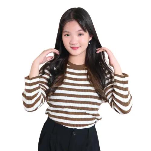 Atasan 0blong Salur Wanita Kaos O-neck Knit Rajut Style Korea Baju Fit 0