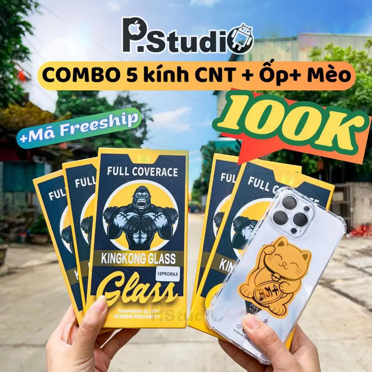 [5 CHỐNG NHÌN TRỘM] COMBO 5 Kính cường lực Kingkong Glass CHỐNG NHÌN TRỘM dành cho iphone, có khung tự dán tại nhà, TẶNG 1 ốp trong chống sốc + 1 mèo thần tài may mắn kem phone phụ kiện - Pstudio