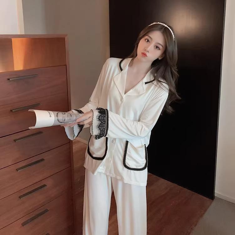Bộ Đồ Ngủ Nữ, Bộ Áo Dài Tay Và Quần Dài, Trang Trí Ren Gợi Cảm, Đồ Mặc Ở Nhà Màu Đen, Cảm Giác Cao Cấp, Thích Hợp Cho Mùa Xuân đồ  ngủ  hoa  nhí Voi 5
