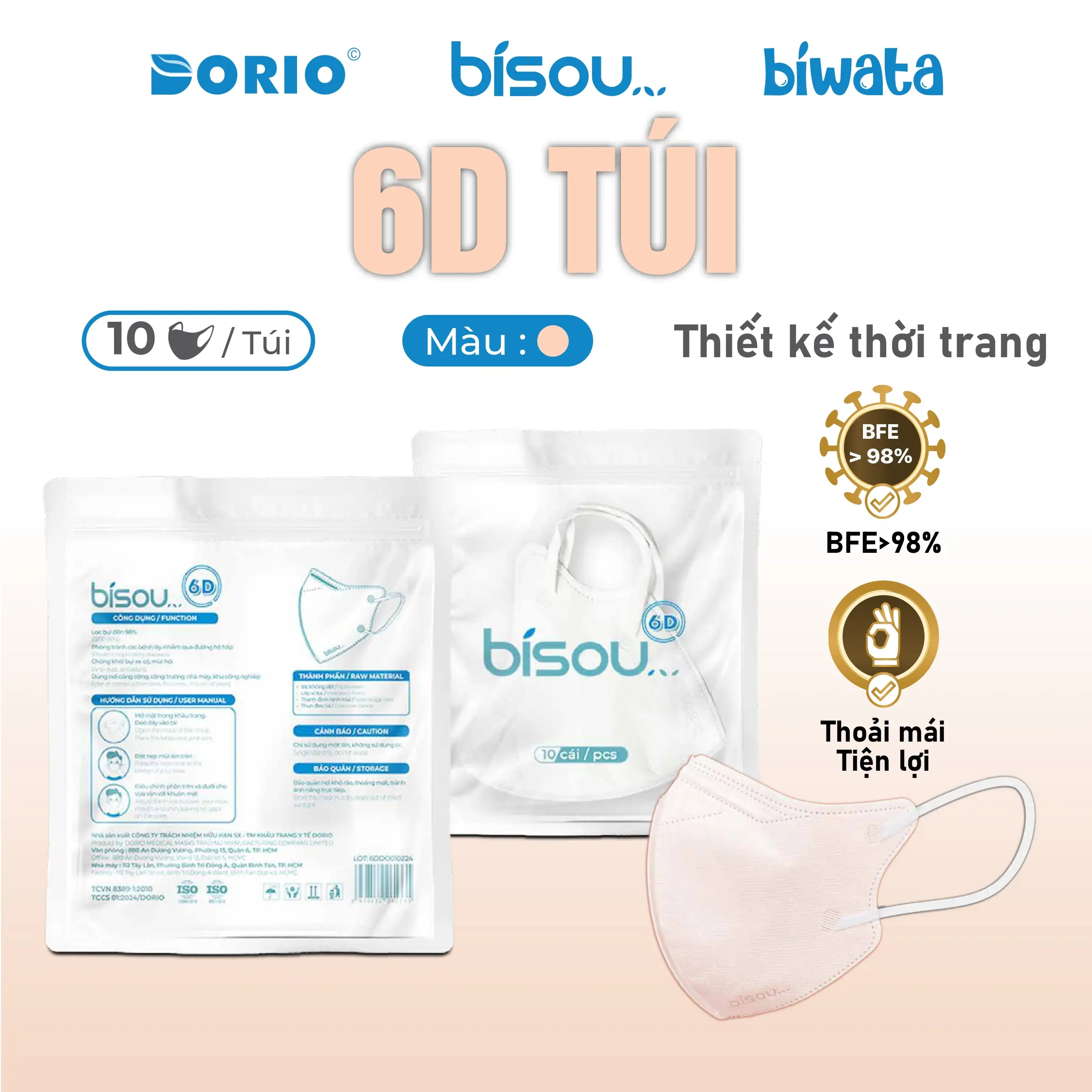 Túi 10 cái khẩu trang cao cấp 6d hiệu BISOU khautrang 6d