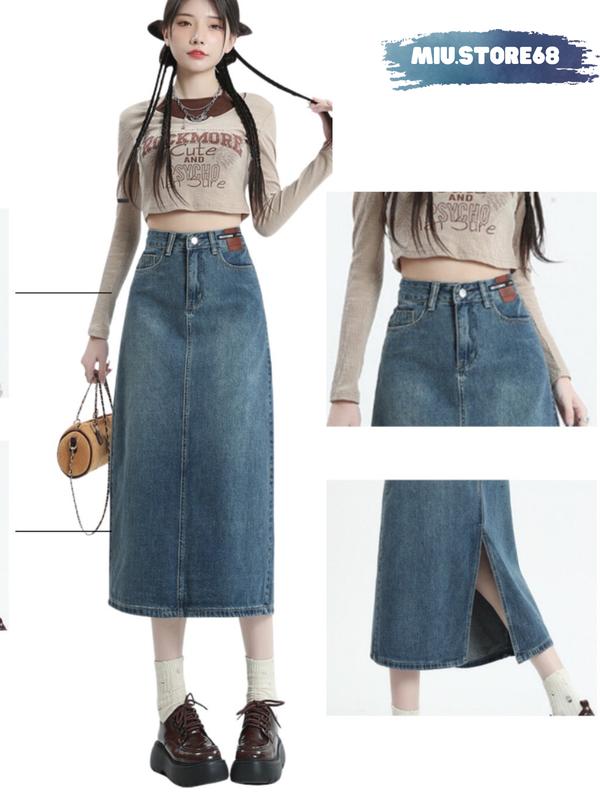 Chân Váy Jean Chữ A Dáng Dài Xẻ Tà Lưng Cao Chất Jean Mềm Chân Váy Bò Nữ Dài Sẻ Sau Cạp Cao M007 Women Voan Voi