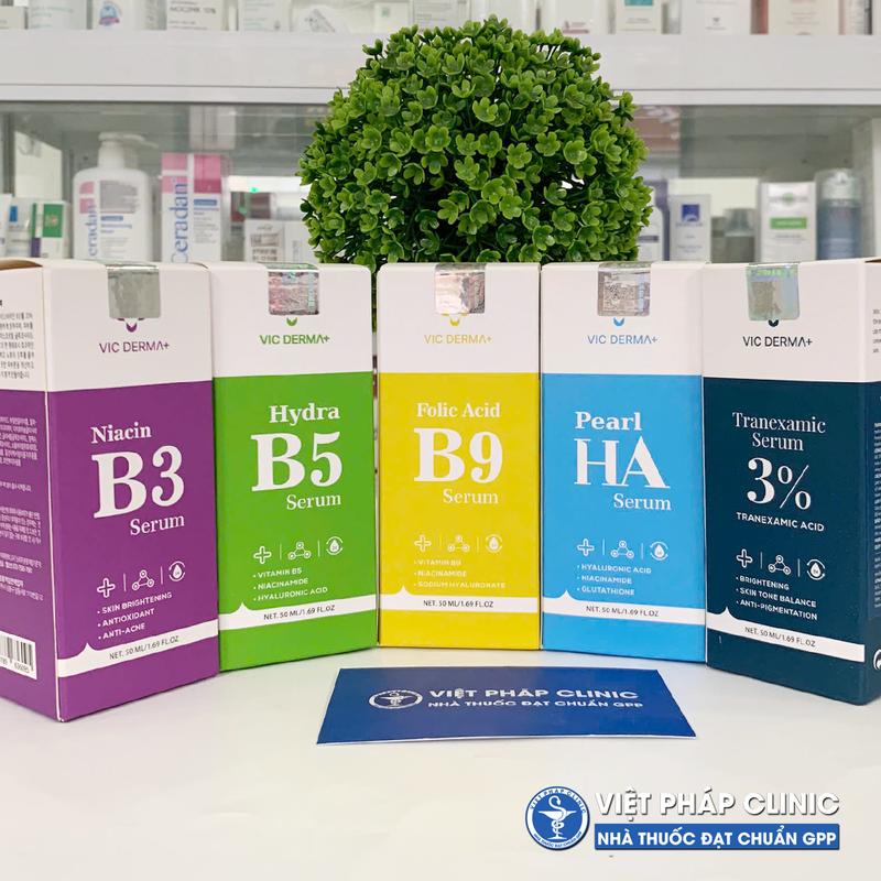 Serum Phục Hồi, Cấp Ẩm, Làm Dịu Da VICDERMA+ Pearl HA - Hydra B5 - Folic Acid B9 - B3 Niacin - 3% Tranexamic 50ml