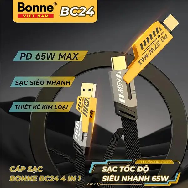 COMBO 3 Cáp sạc nhanh Bonne TECHNOLOGIQUE BC24, cáp sạc nhanh điện thoại 4 in 1 by Bonne Technologique, sạc chống gẫy chính hãng bảo hành 12 tháng.[phụ kiện, [phụ kiện, sạc điện thoại], sạc điện thoại] 3