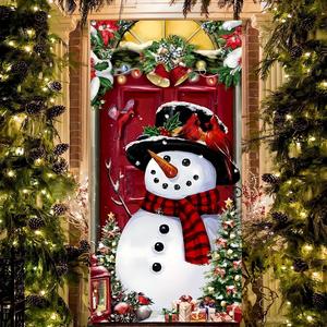 1 pieza bandera navideña para puerta, bandera con elementos de muñeco de nieve navideño, campana y cardenal, adecuada para decoración de puertas y paredes en interiores y exteriores, suministros de decoración para fiestas navideñas familiares.