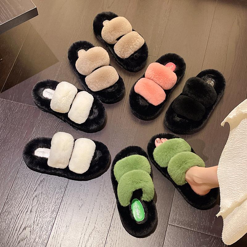 Dép lông nữ, dép bông quai ngang 2 quai thời trang đế cao 4cm size 35-39 màu kem đen nâu [Lù store] - DV07 DéP Slipper