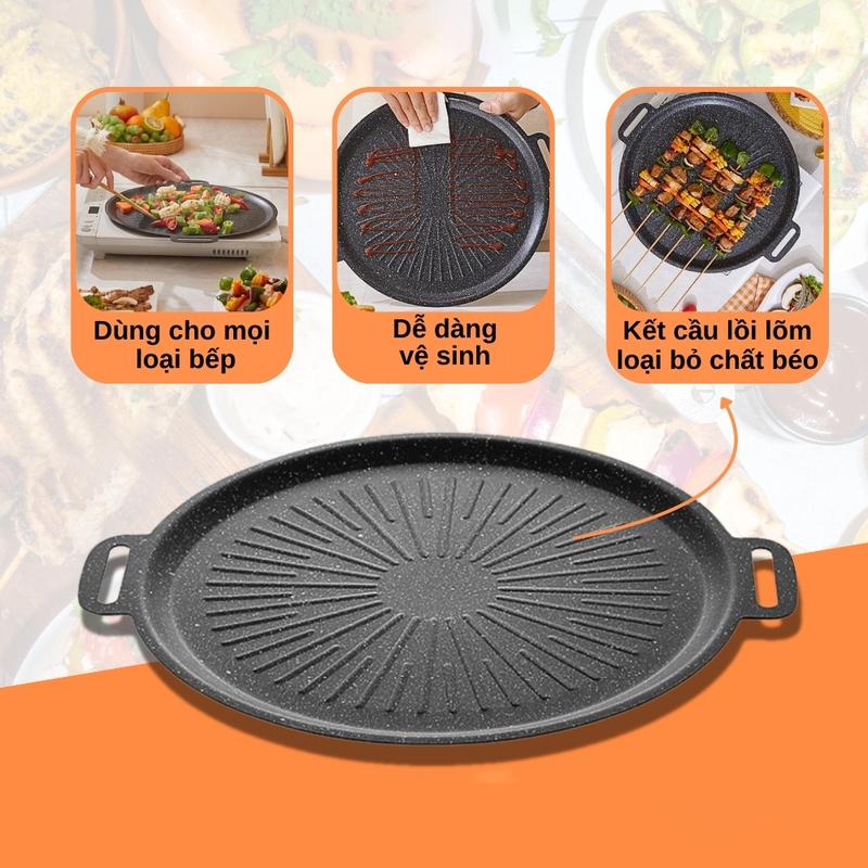 Chảo nướng vân đá không dầu Mẫu Mới size 34cm chống dính, chảo nướng thịt BBQ hàn quốc dùng cho mọi loại bếp