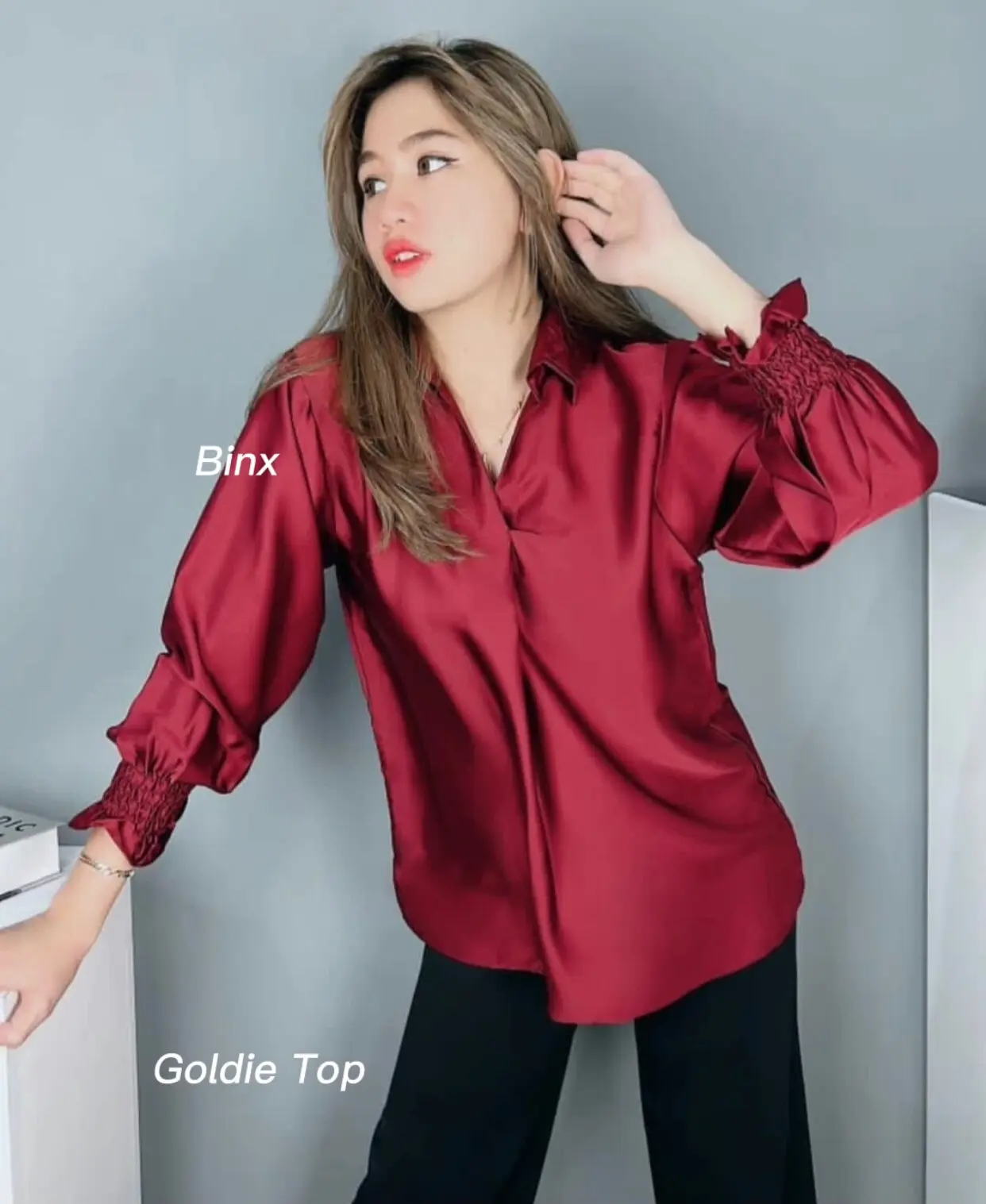 Blouse goldie/Blouse atasan wanita Satin Karet Kerja Baju Panjang