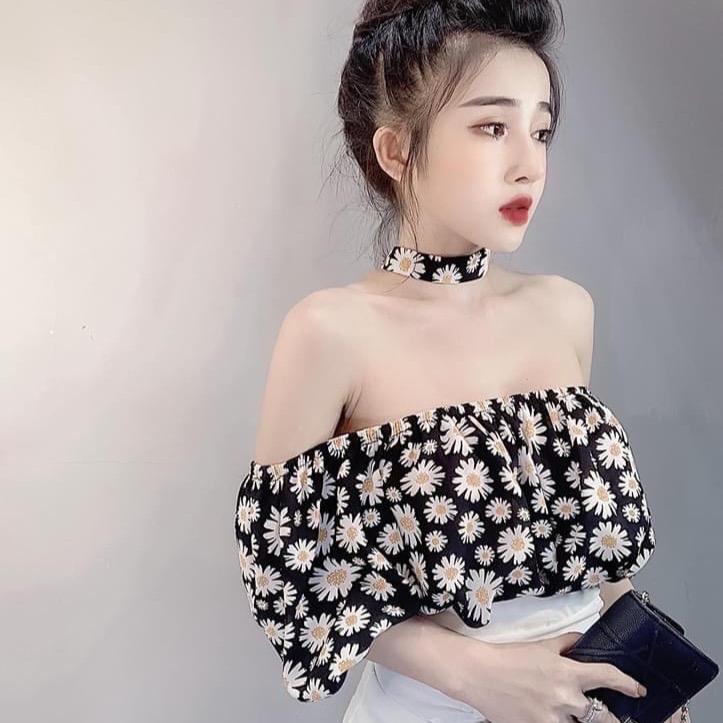 Set áo trễ vai hoa cúc chân váy nhún đuôi cá kèm choker đủ size