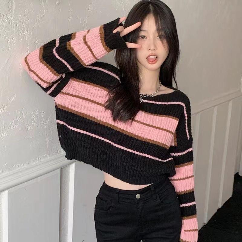 Áo Len Sọc, Dài Tay, Phong Cách Pháp, Lười Biếng, Áo Len Phong Cách Vỡ, Dành Cho Nữ, Thích Hợp Cho Mùa Thu Và Mùa Đông, Nhỏ Và Dễ Thương, Thiết Kế Sexy, Có Thể Mặc Làm Áo Trên Hoặc Dưới Top Women 7