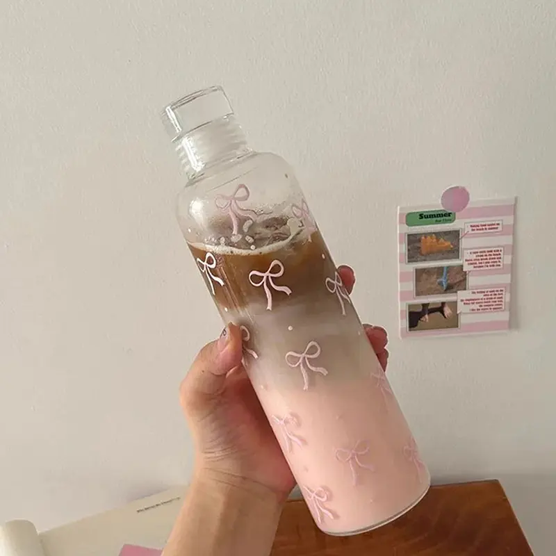 Bình Nước Nhựa, 500ML, Thiết Kế Hình Nơ Kawaii, Có Thang Đo Thời Gian, Trong Suốt, Thích Hợp Cho Các Môn Thể Thao Ngoài Trời Và Trường Học, Bình Nước Uống 1