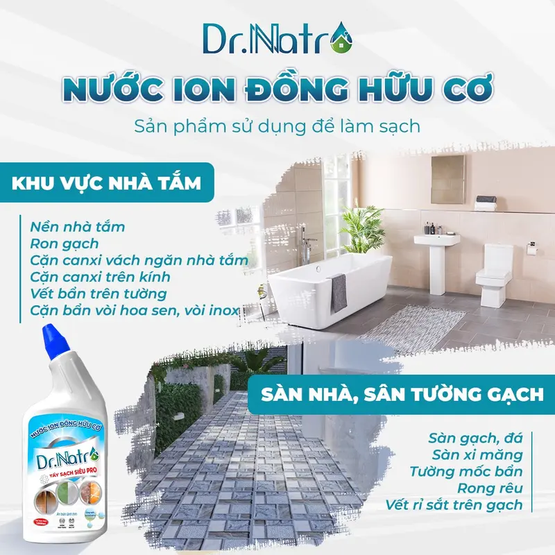 Nước ion Đồng Hữu Cơ Dr Natro - Làm Sạch Rong Rêu, Cặn Canxi, Ron Gạch, Vết Rỉ Sét, Vết Bám Xi Măng,.......Chai 1000ml - Tặng 1 miếng chà nhám + 1 Miếng Cước Tím 8