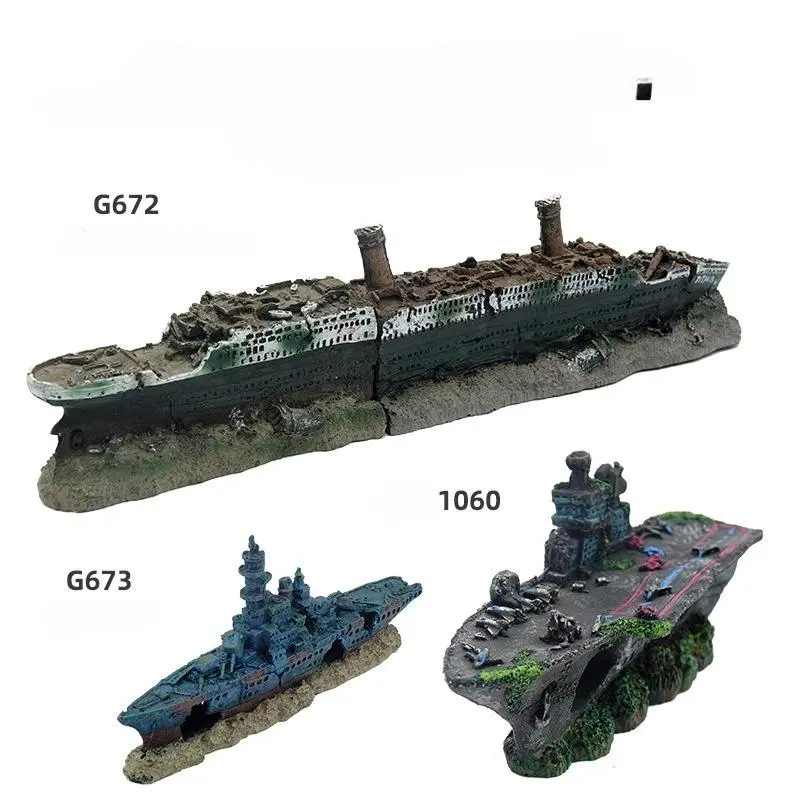Resin Sunken Aircraft Carrier Decor, 1 Set Military Shipwreck & Pirate Vessel Ornaments with Rustic Battle Damage for Aquarium Landscape