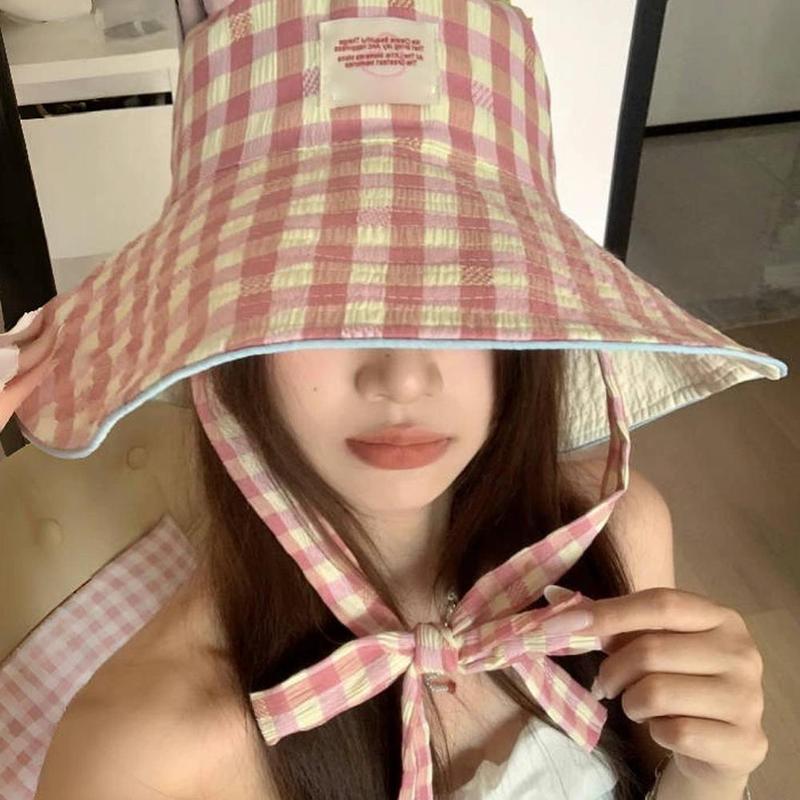 Mũ Ngư Dân, Phong Cách Hàn Quốc, Thiết Kế Kẻ Sọc, Rộng Vành, Cà Vạt, Dành Cho Phụ Nữ, Thích Hợp Cho Mùa Hè, Vành Lớn, Mũ Chống Nắng, Có Thể Điều Chỉnh, Mũ Đi Biển 3