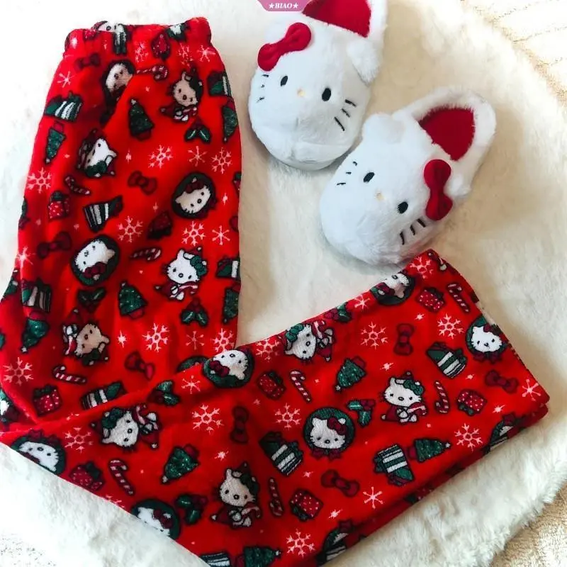 Christmas Series Hellokitty Anime Peripheral Soft Pajama Melody Pants Warm Casual Plush Flannel Pants Clothing ﻿New