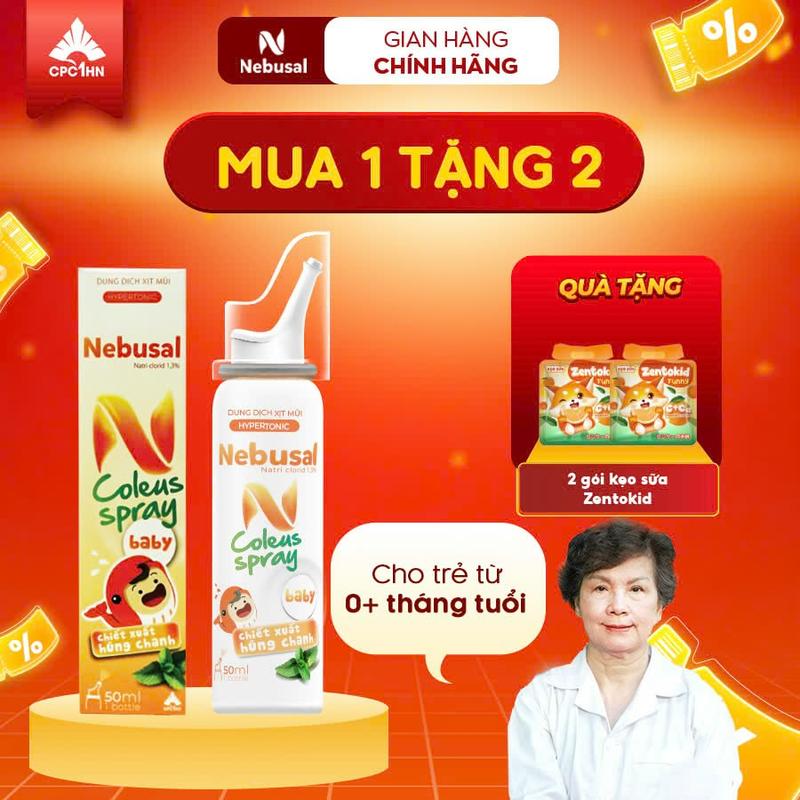 Xịt Mũi Nebusal Húng Chanh Giảm Nghẹt Mũi - Sổ mũi Cho Trẻ Sơ Sinh và Trẻ Nhỏ (50ml) Cho Bé