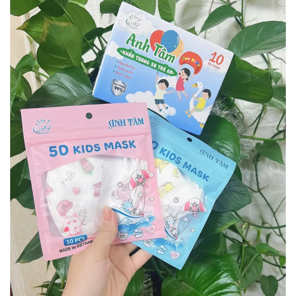 Hộp 100 Chiếc Khẩu Trang 5D Trẻ Em Anh Tâm 3 Lớp Kháng Khuẩn Cao Cấp (3-10 tuổi)