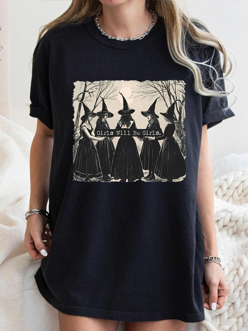 Product Introduction of Women's Moon Print Round Neck Tee, Casual Halloween Witch Hat Print Half Sleeve Crew Neck T-shirt for Summer, Fashion Women's Top for Daily Wear 4