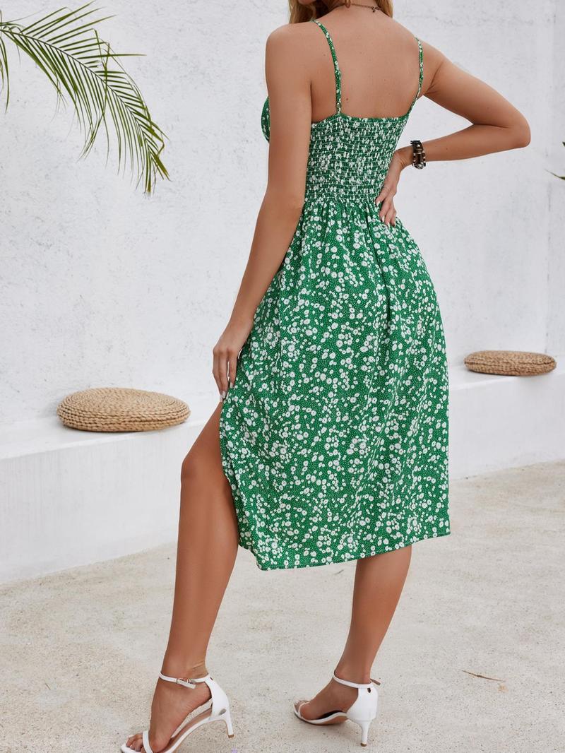 Product Introduction of Women's Ditsy Floral Print Shirred Split Thigh Cami Dress, Elegant Sleeveless Spaghetti Strap Dress for Summer, Ladies Clothes for Beach Holiday 2