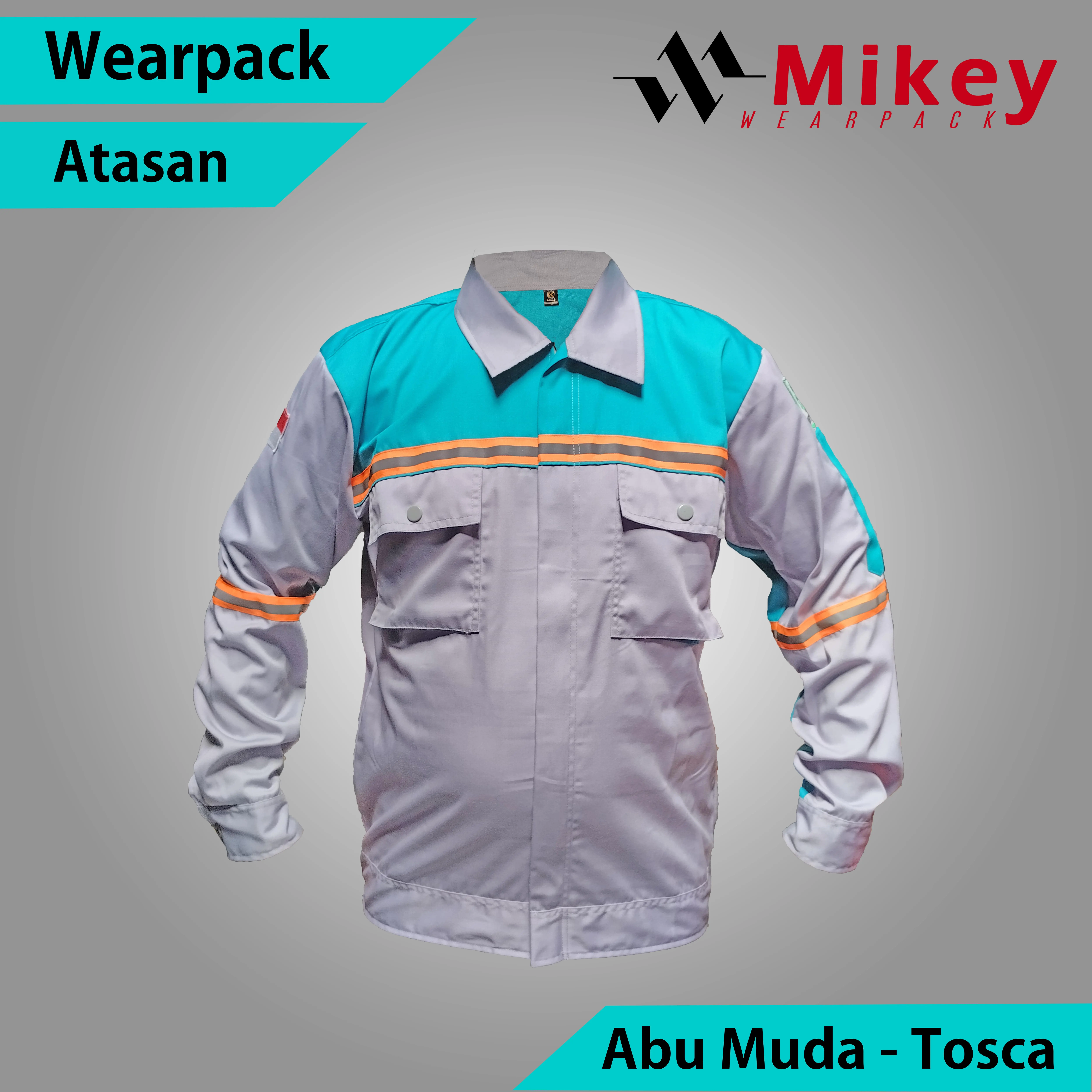 Baju Safety Atasan Resleting Lengan Panjang Warna Abu Muda Kombinasi Tosca seragam welder