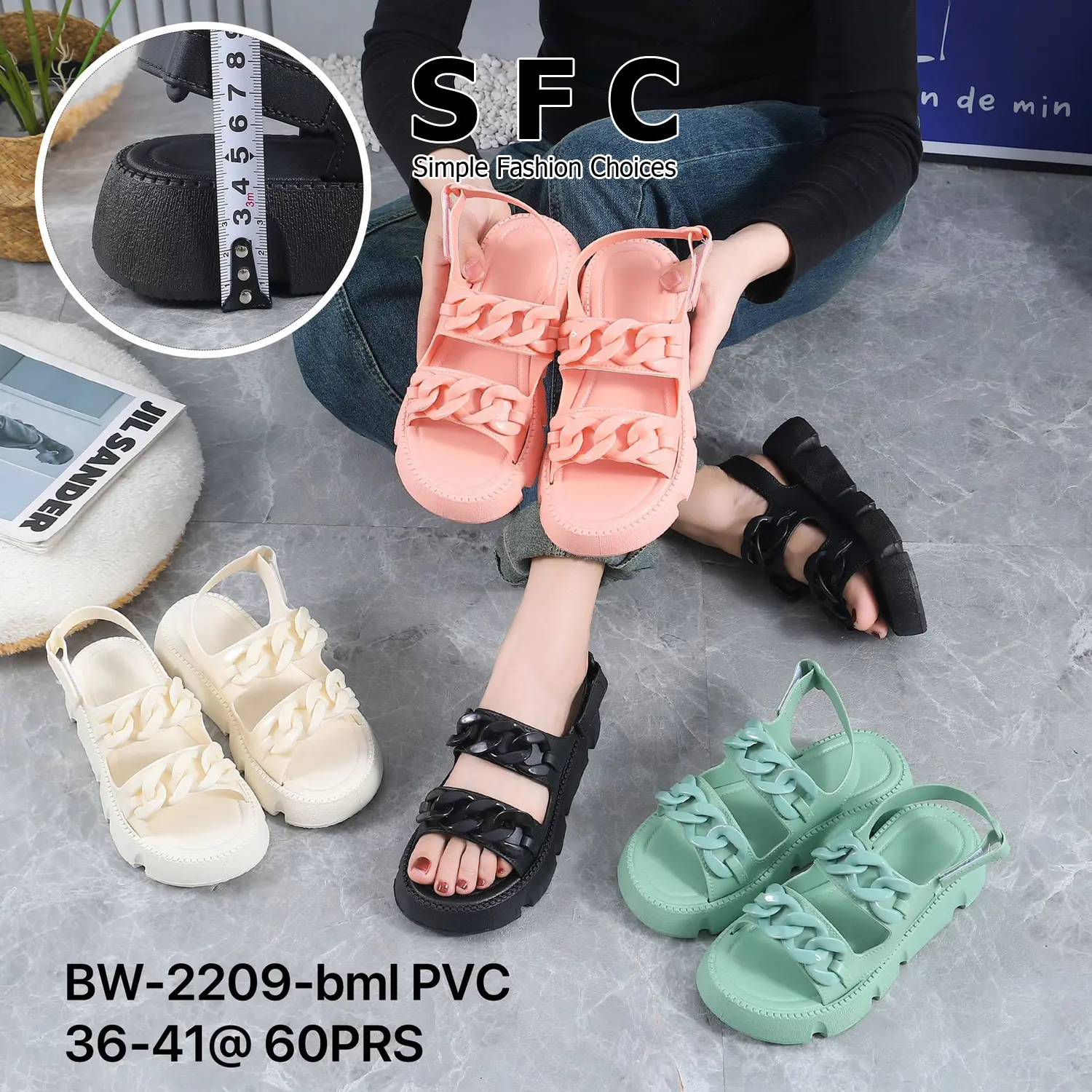Sandal Wanita Viral Sendal Wanita Curly Karet Jelly Empuk dan kekinian Rante Tali belakang Hitam SFC02