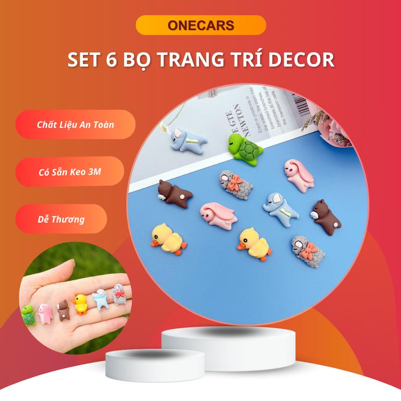 Bộ 6 Con Vật Mini Dễ Thương Kèm Keo Dán Trang Trí Xe, Decor Bàn Học Dễ Thương
