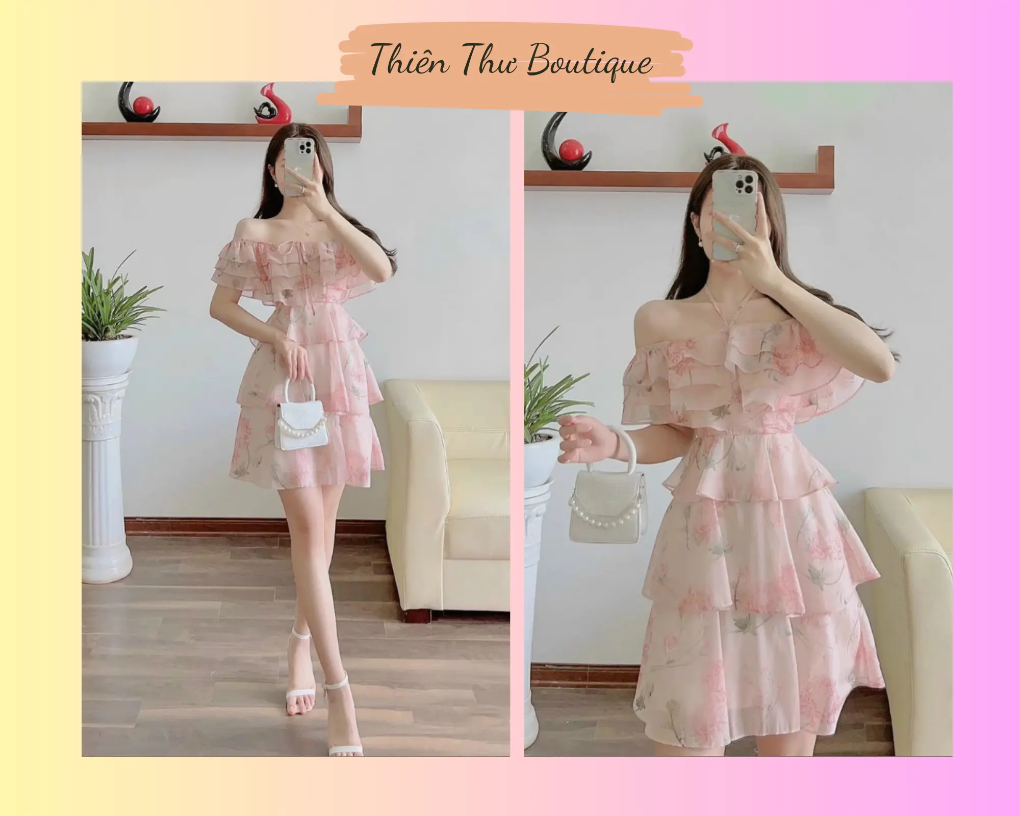 Đầm xòe xếp tầng cao cấp thiết kế trễ vai có dây cột ở cổ cho nàng mặc đi chơi , hẹn hò