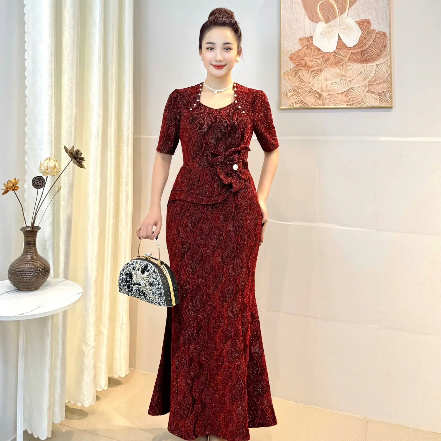 Váy Đầm Trung Niên TrầnNga Dáng Dài NL628 Nhũ Dệt 3D Nỗi 2 Size Dưới 45-80kg Hoa Ôm Gọn Nữ Women Dress Đỏ