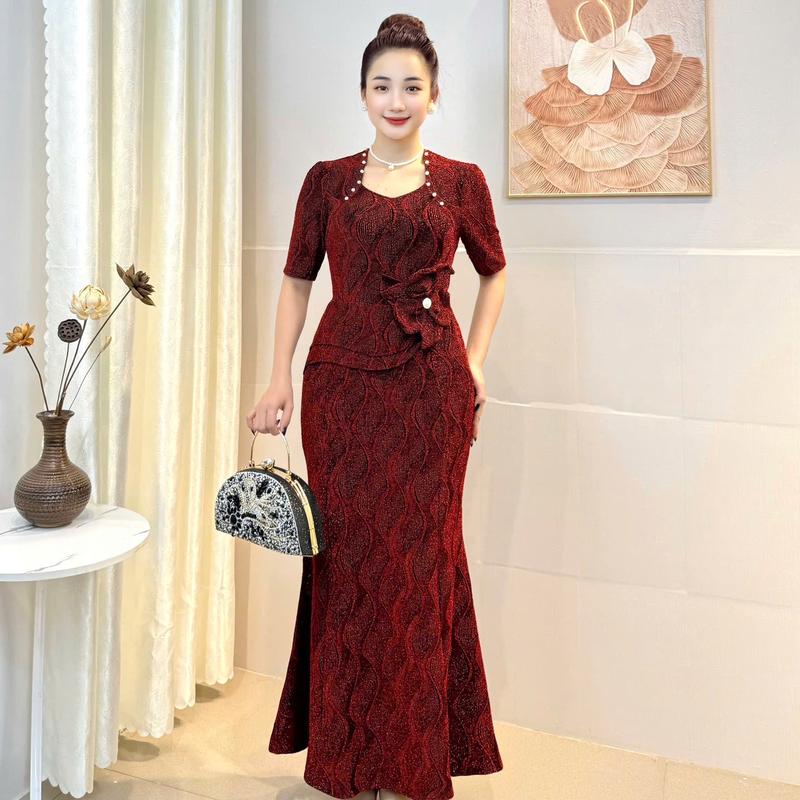 Váy Đầm Trung Niên TrầnNga Dáng Dài NL628 Nhũ Dệt 3D Nỗi 2 Size Dưới 45-80kg Hoa Ôm Gọn Nữ Women Dress Đỏ