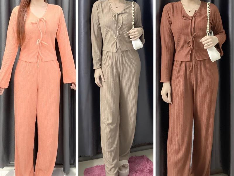 Đồ Bộ Thun Xốp Bánh Bèo Form Quần Ống Rộng Suông Dài Kèm Áo Tay Bèo Đii Chơi Đi Làm Nữ Top Women Kem Ong Polo
