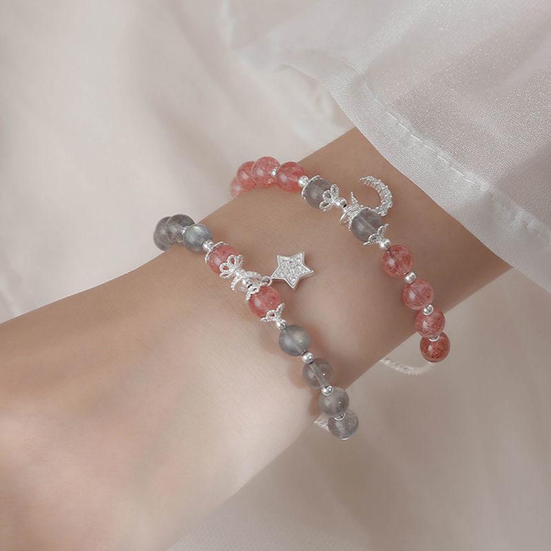 Vòng Tay Pha Lê Dâu Tây Đá Mặt Trăng, Phong Cách Hàn Quốc, Bạc Sterling Của Phụ Nữ, Đơn Giản Và Cá Nhân Hóa, Vòng Tay Màu Hồng, Thích Hợp Cho Học Sinh, Trang Sức Bạn Gái, Thiết Kế Mặt Trăng Sao 2