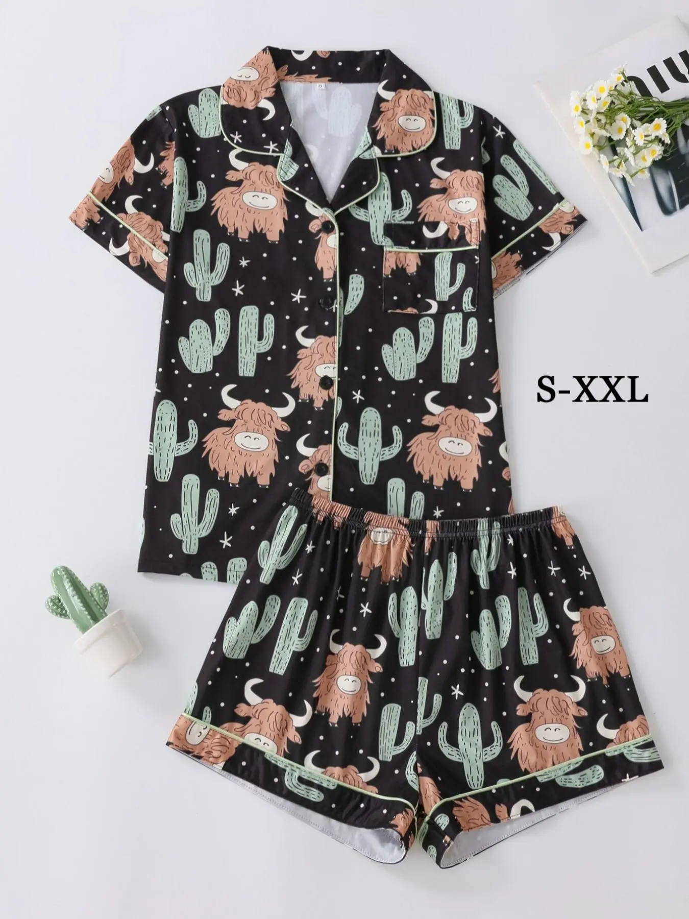 Women's All Over Cartoon Yak & Cactus Print Short Sleeve Pajama Two-piece Set, Casual Comfy Button Front Chest Pocket Design Lapel Neck Top & Elastic Waist Shorts Pj Set,  Pyjamas for Women, Ladies Sleepwear for All Seasons, Loungewear
