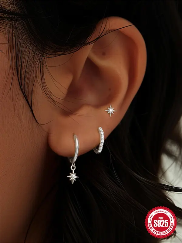 925 Sterling Silver Star Design Hoop Earrings & Stud Earrings, Fashionable Earrings for Women & Girls, Trendy All-match & Exquisite Jewelry for Birthday Gift 2