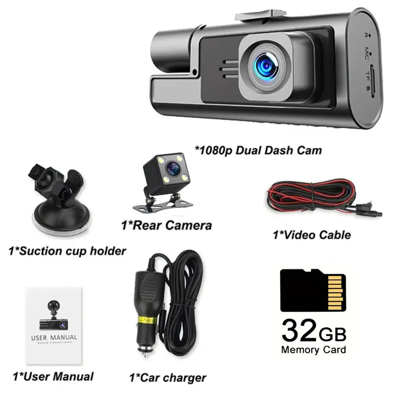 Car DVR, 1080P Car DVR with 2.0 Inch IPS Screen, Car Front & Inside & Rear 3-Camera Driving Recorder, Automotive Camera with Loop Recording, Car Essentials, Dashcam, Black 3