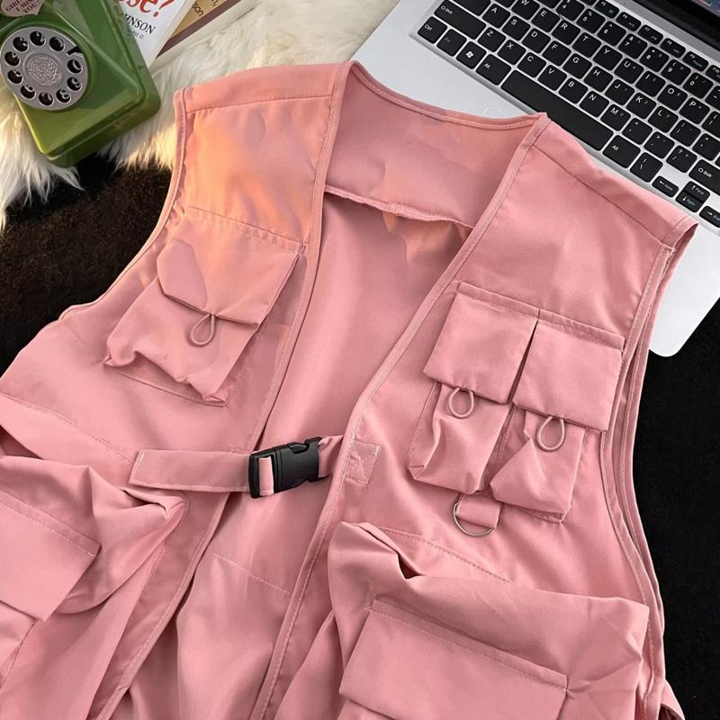 Karmartis Soft Men Vest Men Warm Vest Coat Streetwear Hip Hop Style Unisex Cargo Vest with Multi Pockets for Men and Women Sleeveless Loose Fit Waistcoat with Buckle Closure 1