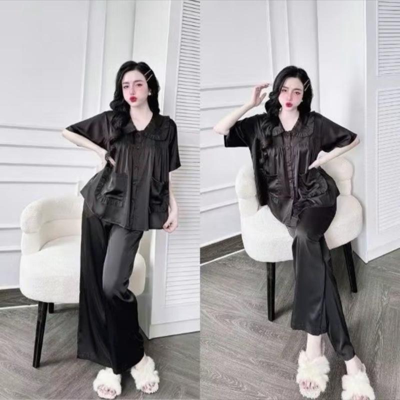 42-65kg Bộ pijama mặc nhà cho nữ QUẦN DÀI BABY DOLL Bèo Tiểu Thư Lụa Mịn Nút Bọc Women Kem