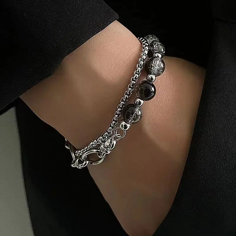 High-quality Stainless Steel Ice Crack Bead Splicing Bracelet Men's and Women's Bracelet Chain Stacking