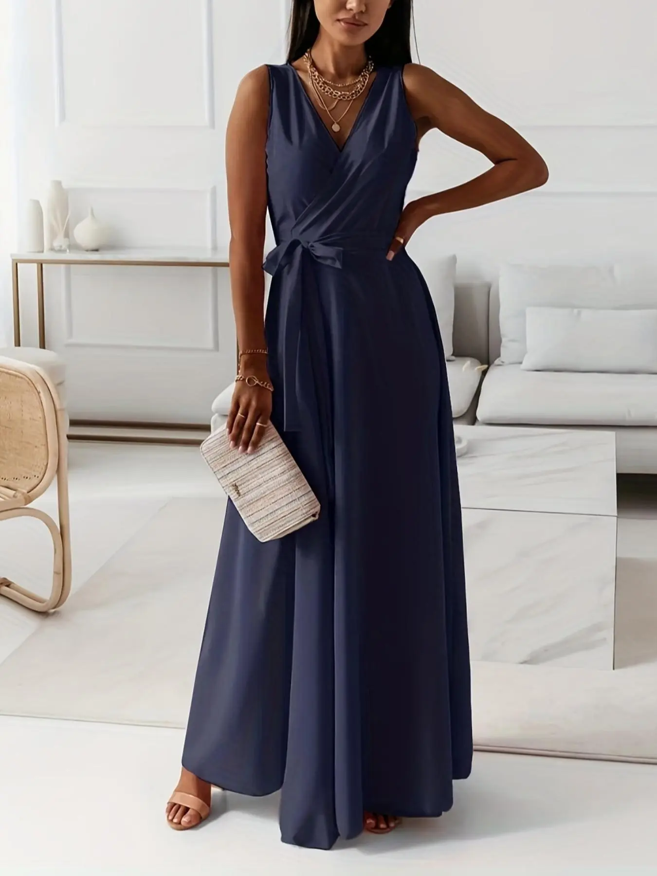 Women's Plain Belted Wrap V Neck Dress, Elegant Sleeveless Long Dress for Party Holiday Wedding Guest, Ladies Summer Clothes